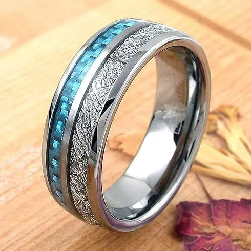 Men's 8mm Tungsten Blue Meteorite Inspired Inlay Comfort-Fit Wedding Band